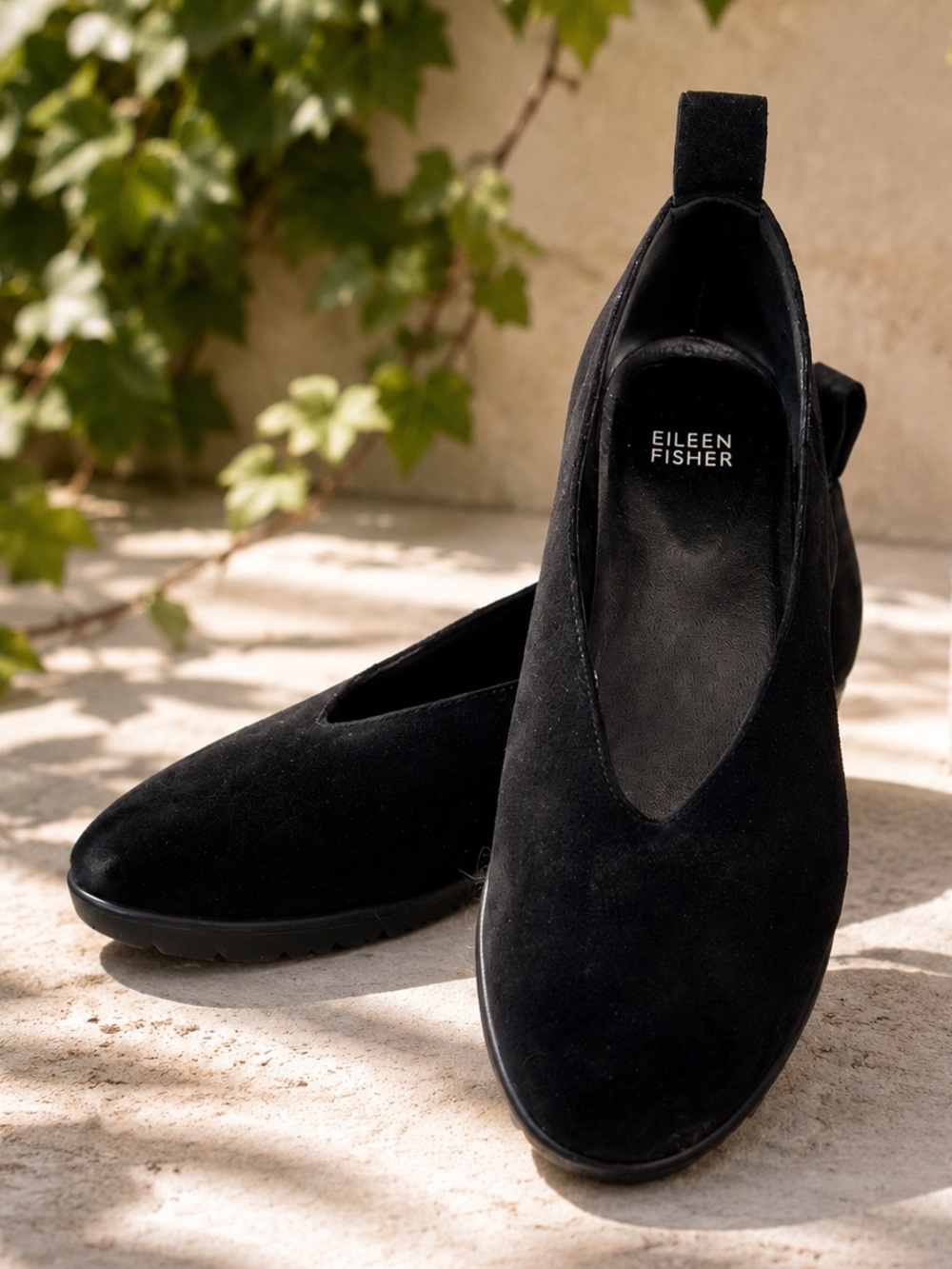 EILEEN FISHER Quiet Luxury Walkable Black Suede Slip-On Ballet Flat, 7